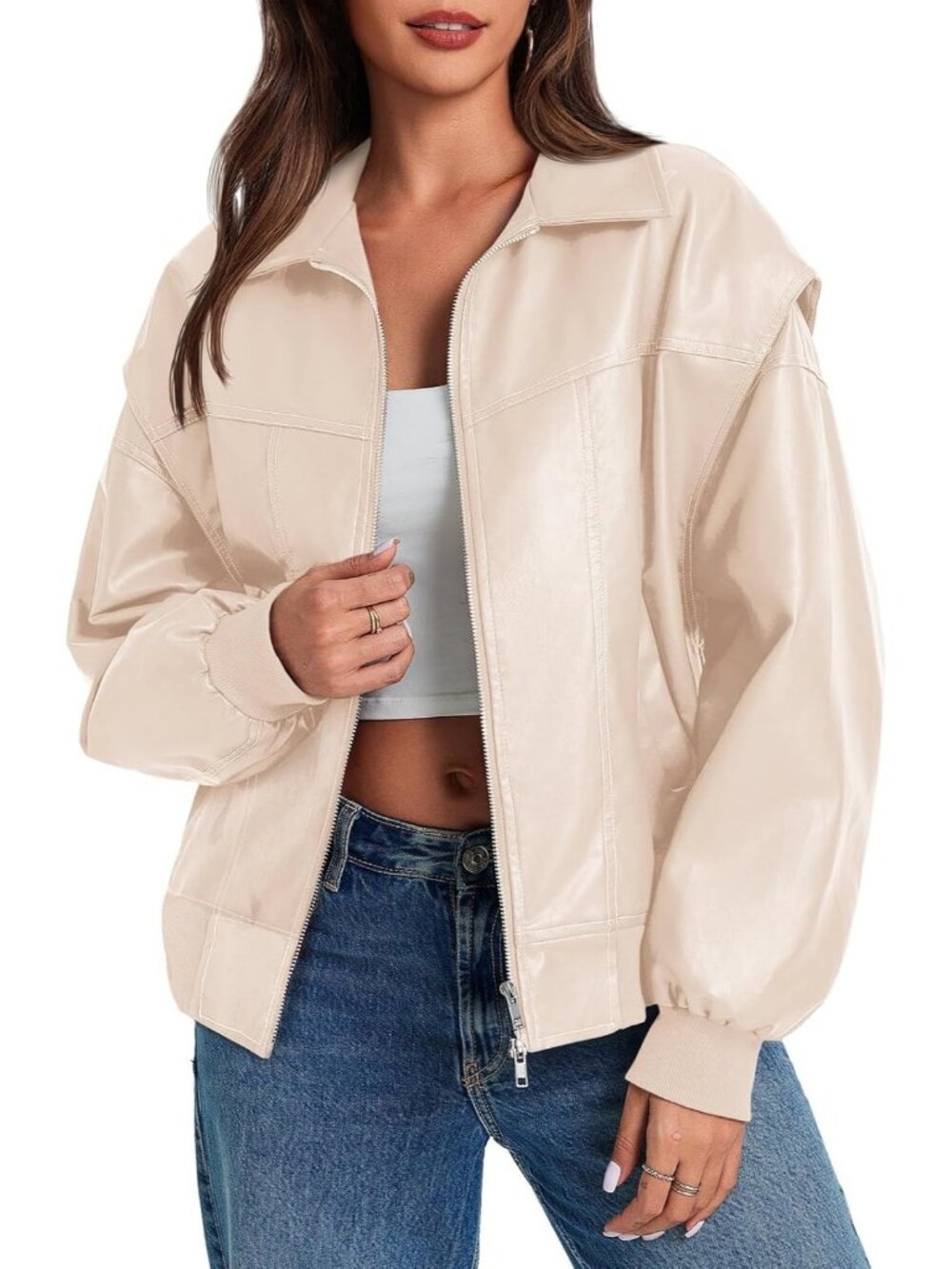 Women's Apricot Oversized Faux Leather Bomber Jacket Motorcycle ZIP Up Coat